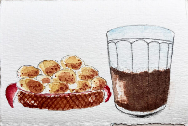 Pintura em aquarela: pão de queijo e café
