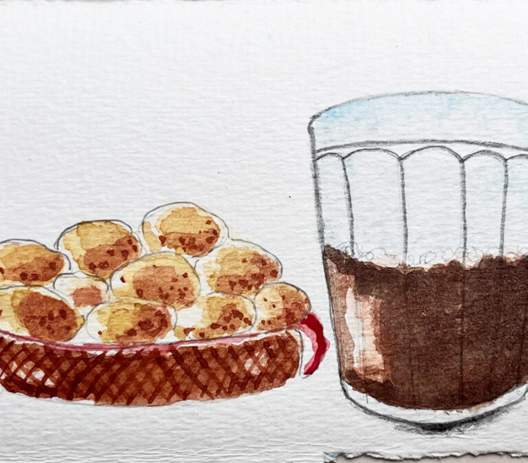 Pintura em aquarela: pão de queijo e café